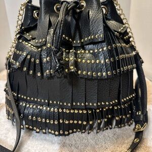 Juicy Couture Drawstring Black and Gold Fringe Shoulder Bag
